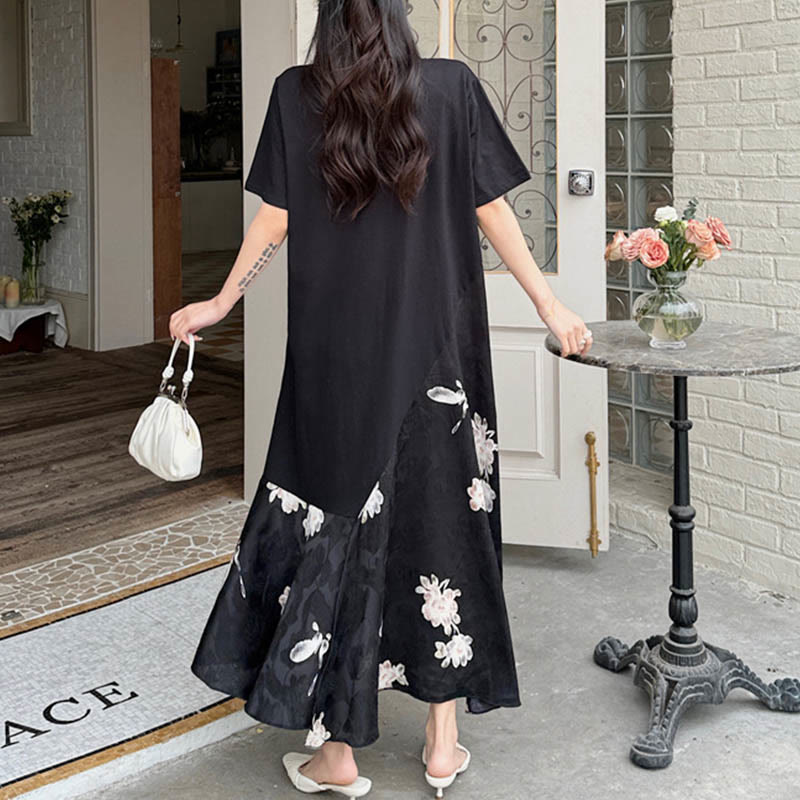 Casual Flower Jacquard Short Sleeve T-Shirt Midi Dress