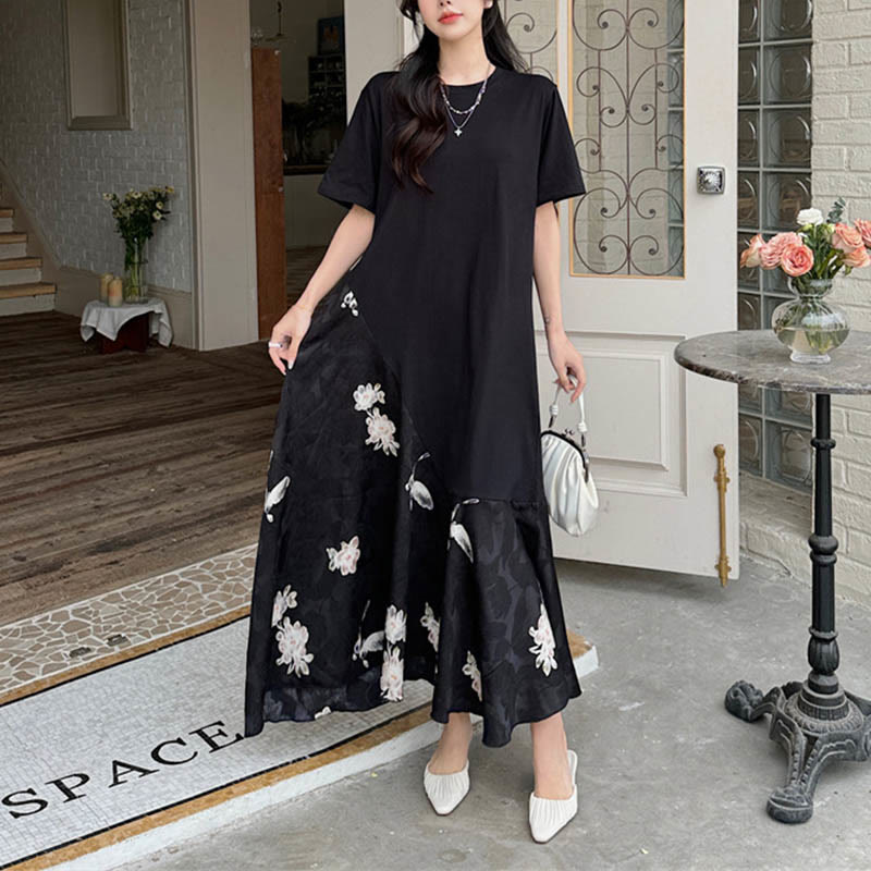 Casual Flower Jacquard Short Sleeve T-Shirt Midi Dress