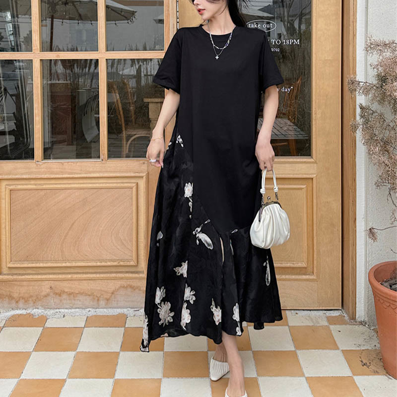 Casual Flower Jacquard Short Sleeve T-Shirt Midi Dress