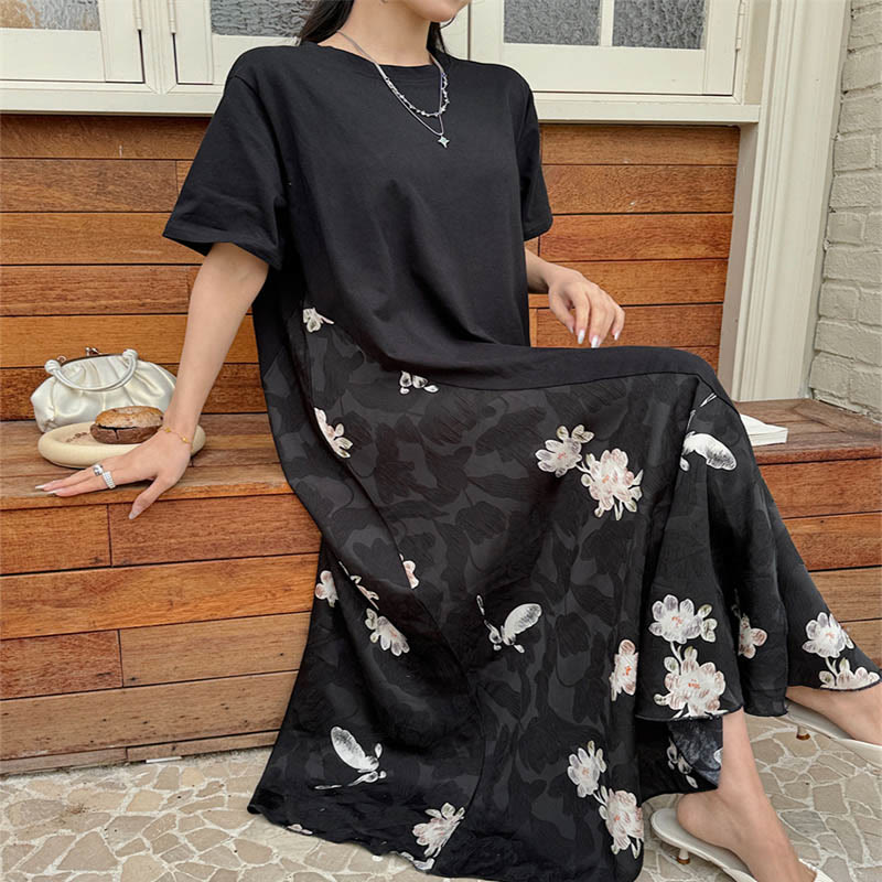 Casual Flower Jacquard Short Sleeve T-Shirt Midi Dress