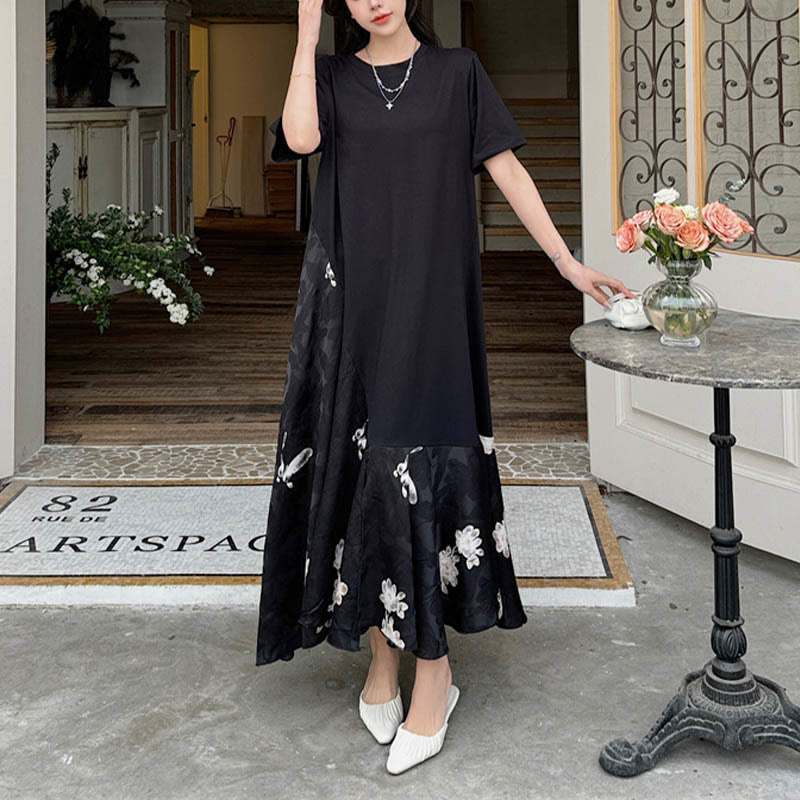 Casual Flower Jacquard Short Sleeve T-Shirt Midi Dress