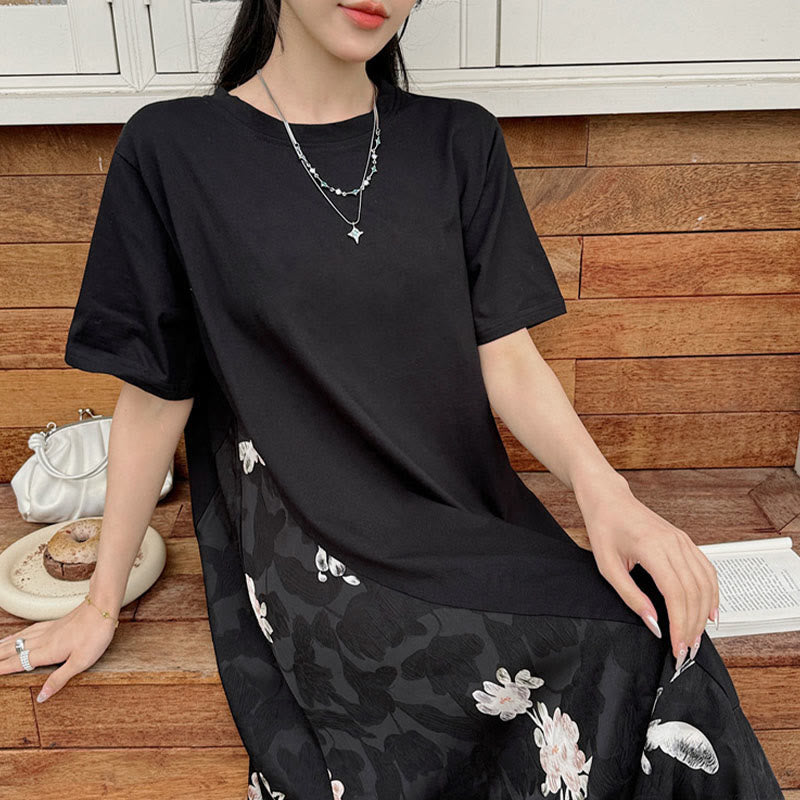 Casual Flower Jacquard Short Sleeve T-Shirt Midi Dress
