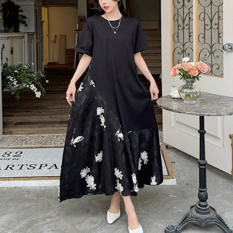 Casual Flower Jacquard Short Sleeve T-Shirt Midi Dress