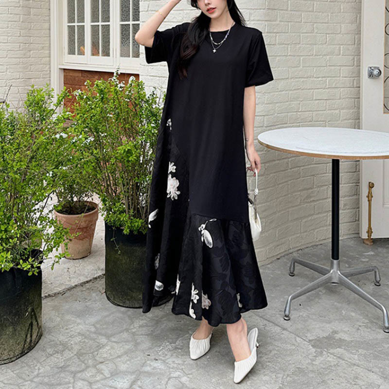Casual Flower Jacquard Short Sleeve T-Shirt Midi Dress