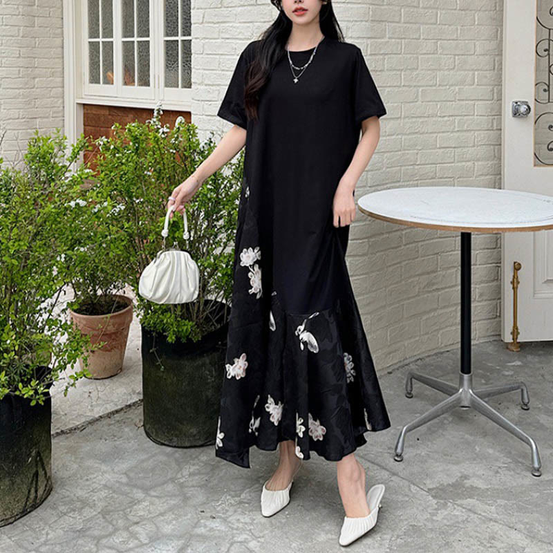 Casual Flower Jacquard Short Sleeve T-Shirt Midi Dress