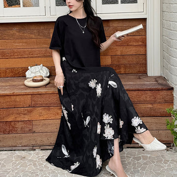 Casual Flower Jacquard Short Sleeve T-Shirt Midi Dress