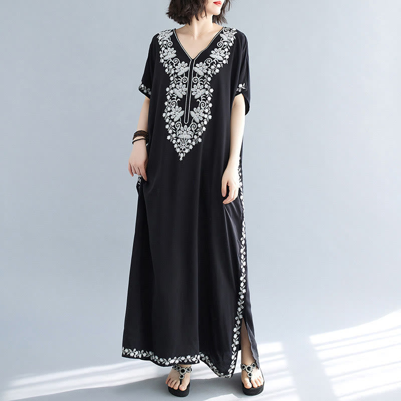 Breathable Cotton Embroidered Flowing Meditation Maxi Dress