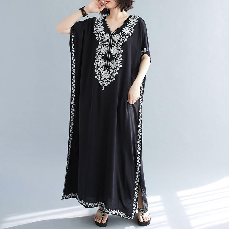Breathable Cotton Embroidered Flowing Meditation Maxi Dress