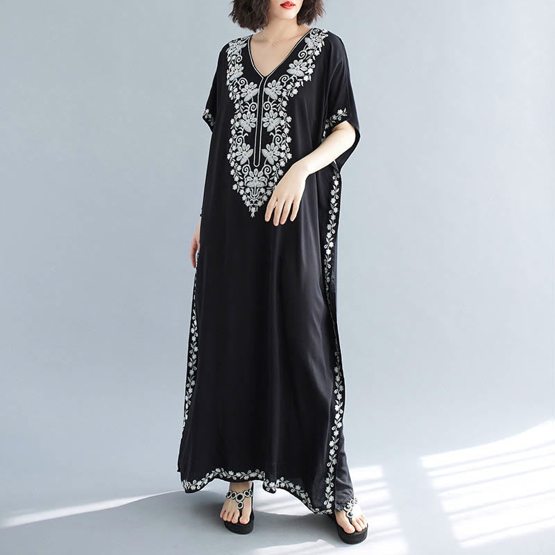 Breathable Cotton Embroidered Flowing Meditation Maxi Dress