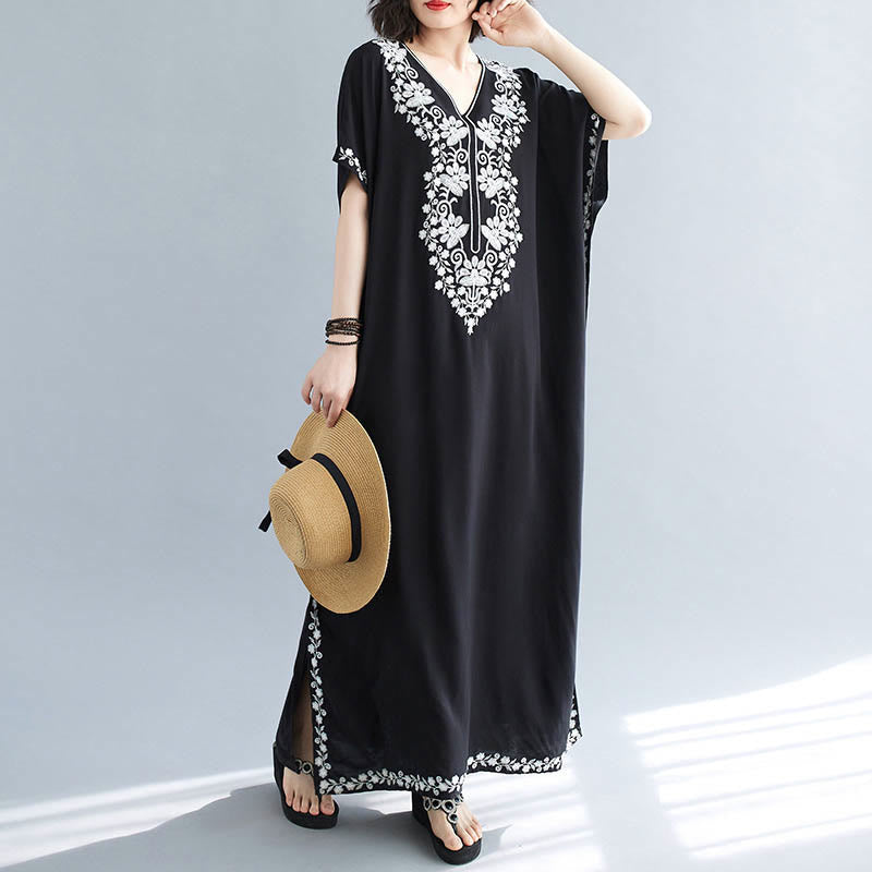 Breathable Cotton Embroidered Flowing Meditation Maxi Dress