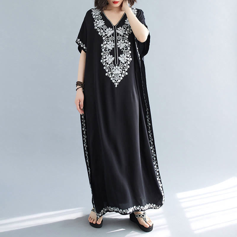 Breathable Cotton Embroidered Flowing Meditation Maxi Dress
