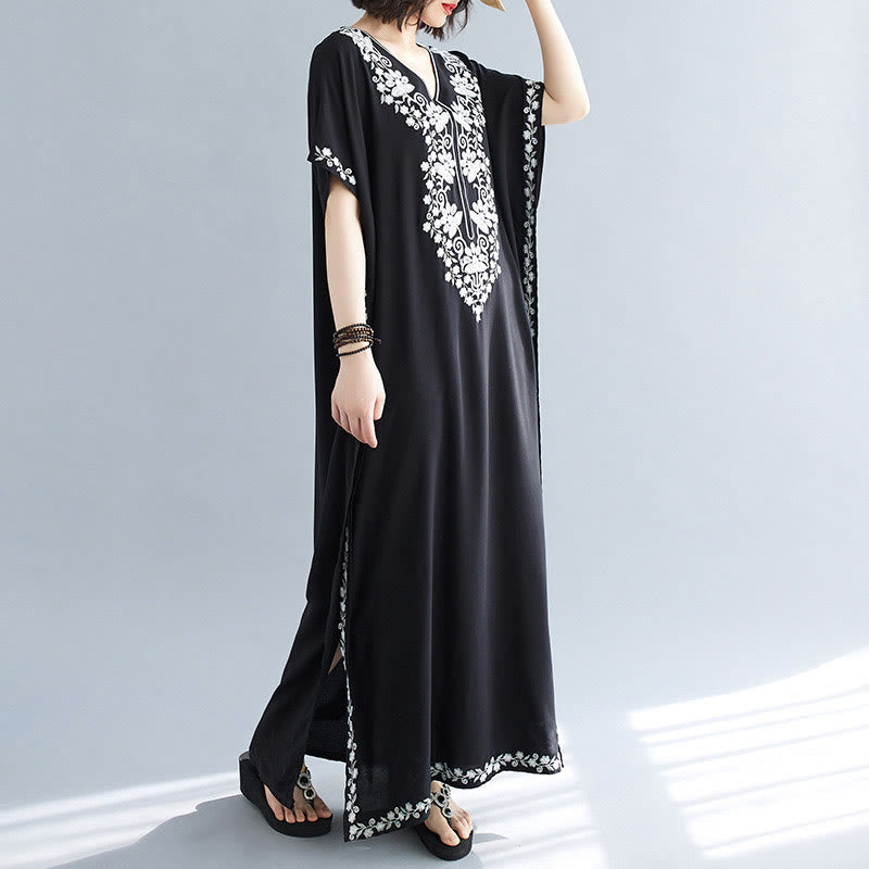 Breathable Cotton Embroidered Flowing Meditation Maxi Dress