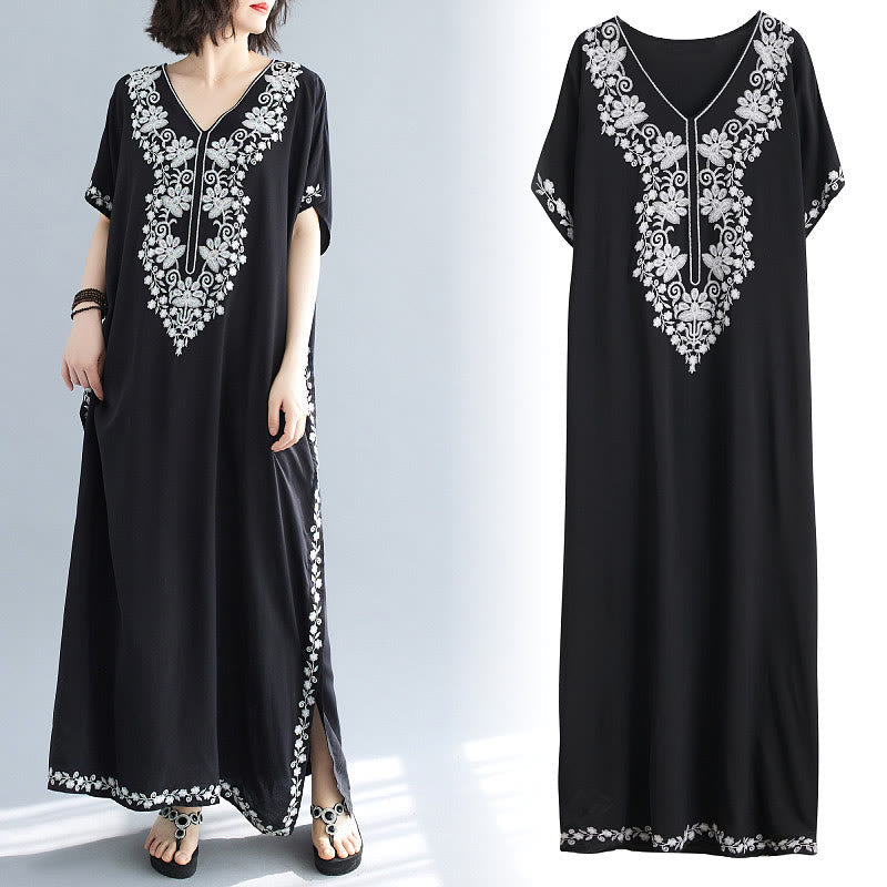 Breathable Cotton Embroidered Flowing Meditation Maxi Dress