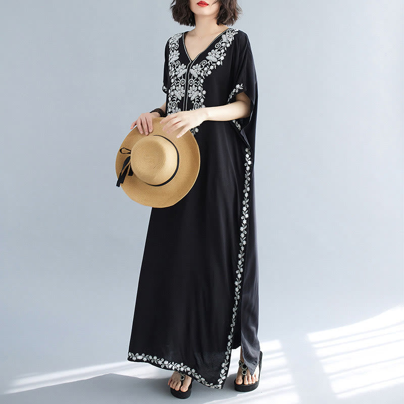 Breathable Cotton Embroidered Flowing Meditation Maxi Dress