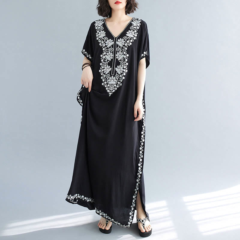 Breathable Cotton Embroidered Flowing Meditation Maxi Dress