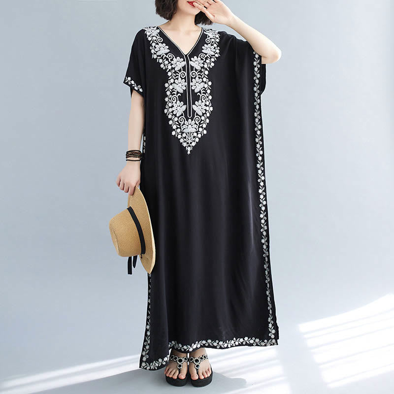 Breathable Cotton Embroidered Flowing Meditation Maxi Dress