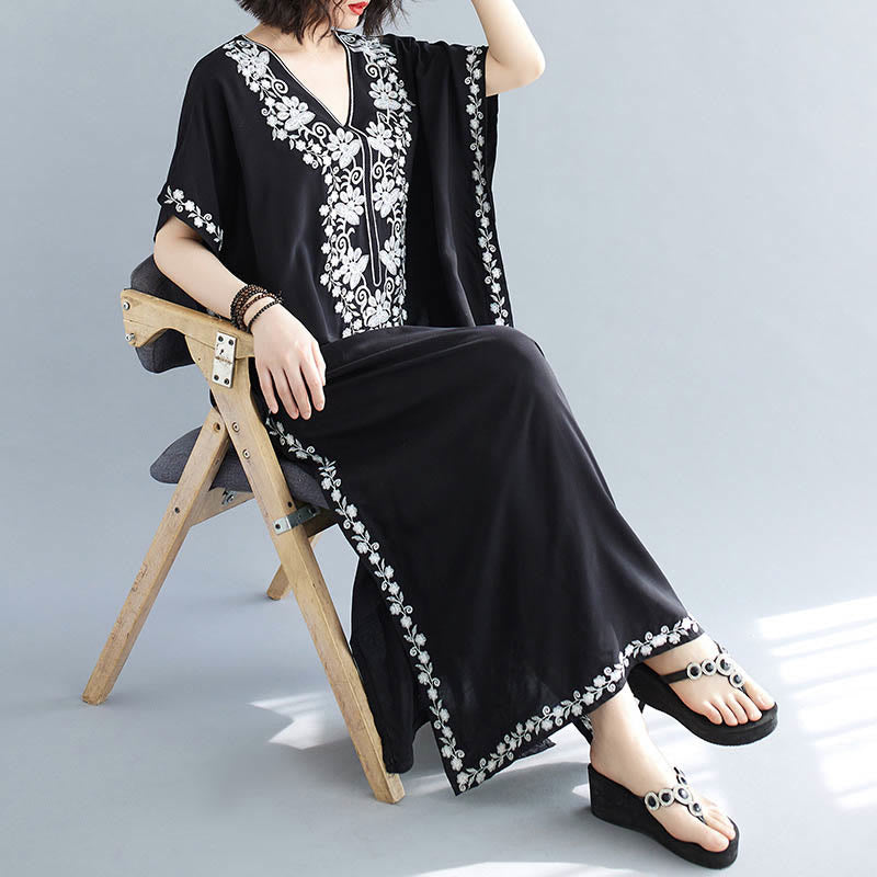 Breathable Cotton Embroidered Flowing Meditation Maxi Dress