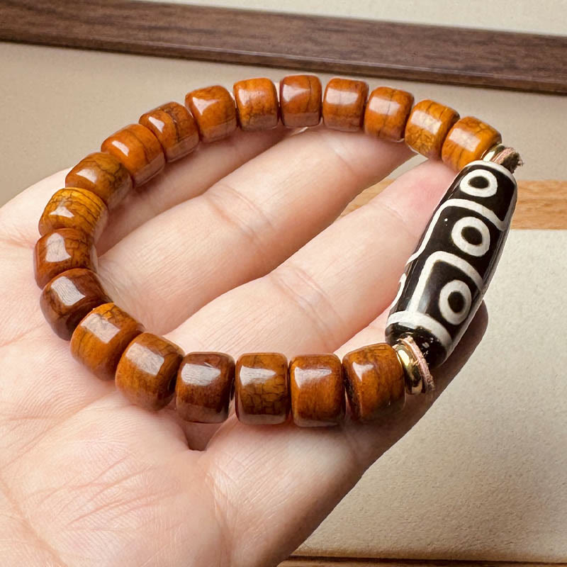 Tibetan Nine-Eye Dzi Bead and Agate Bone Bead Handcrafted Bracelet