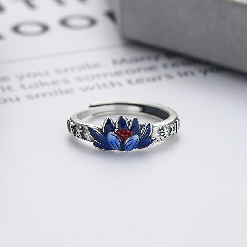 925 Sterling Silver Om Mani Padme Hum Lotus Relief Adjustable Ring