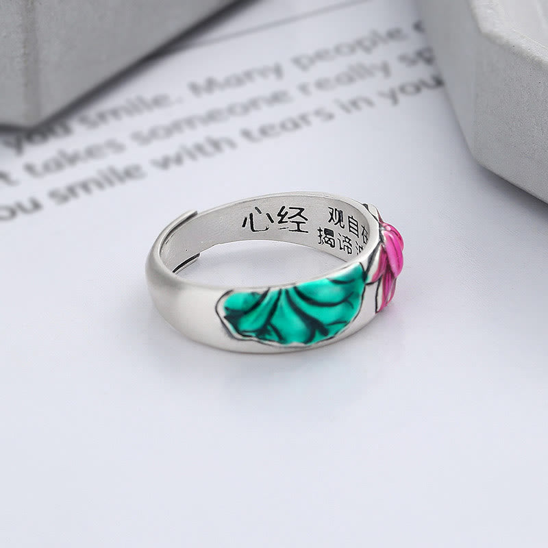 Adjustable 925 Sterling Silver Lotus Flower Heart Sutra Engraved Ring