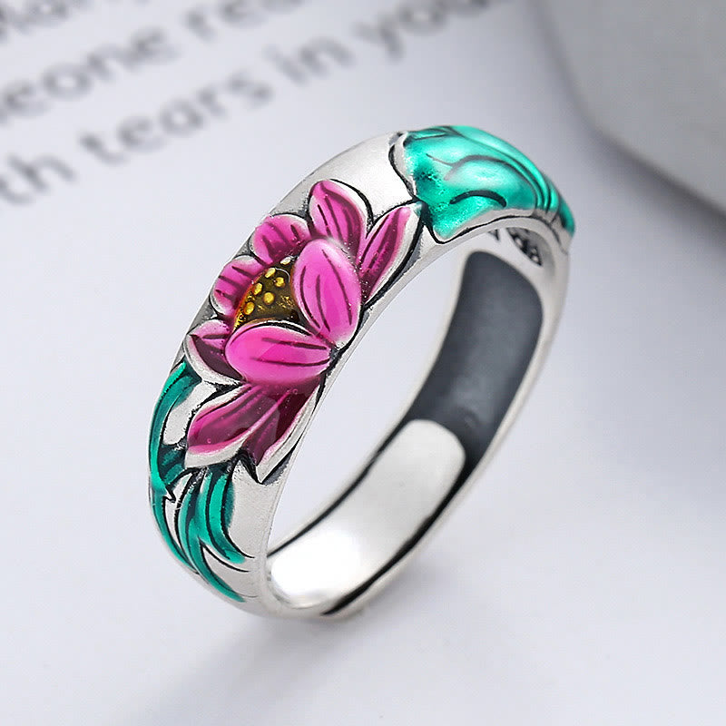 Adjustable 925 Sterling Silver Lotus Flower Heart Sutra Engraved Ring