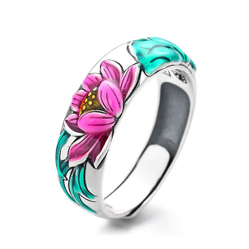 Adjustable 925 Sterling Silver Lotus Flower Heart Sutra Engraved Ring