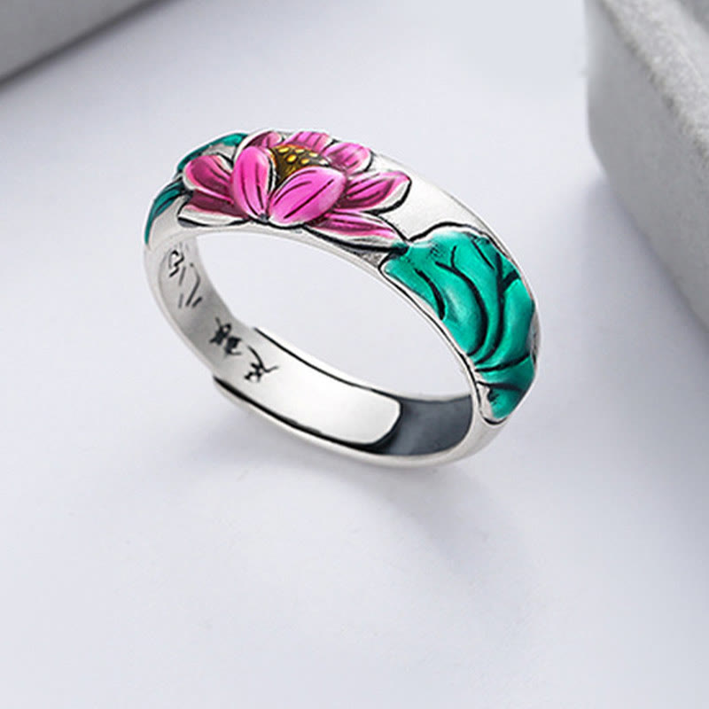Adjustable 925 Sterling Silver Lotus Flower Heart Sutra Engraved Ring
