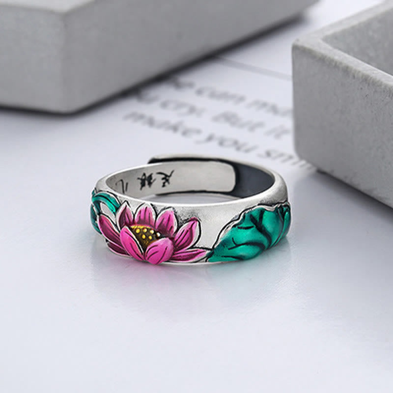 Adjustable 925 Sterling Silver Lotus Flower Heart Sutra Engraved Ring