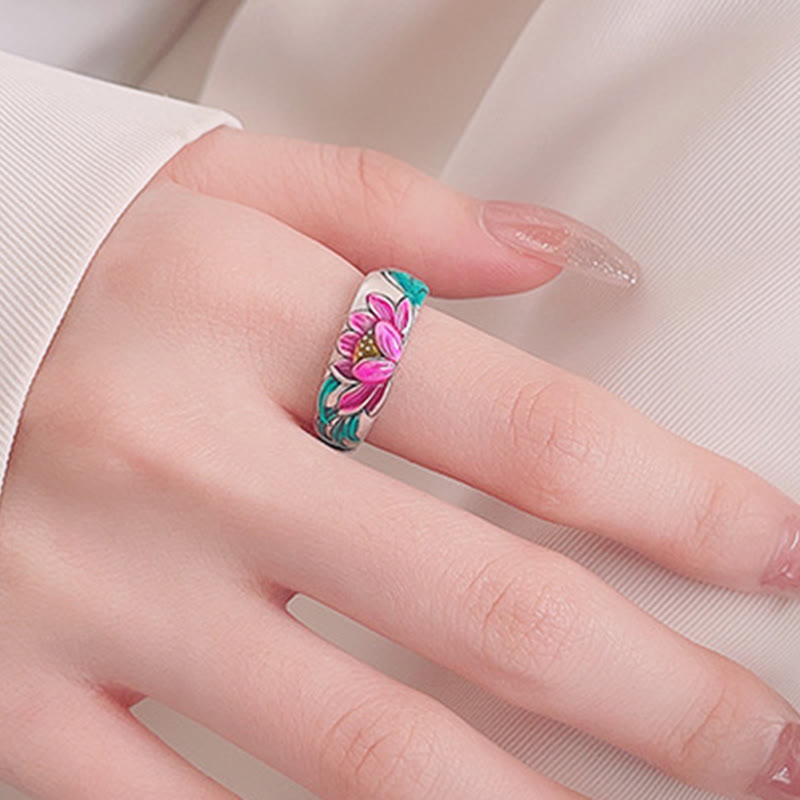 Adjustable 925 Sterling Silver Lotus Flower Heart Sutra Engraved Ring