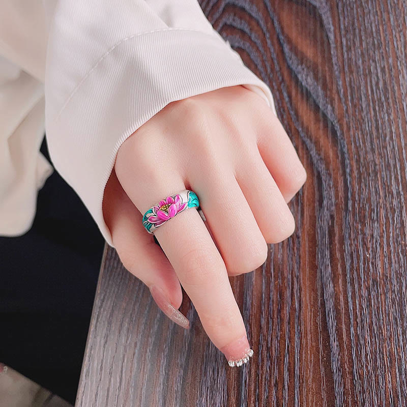 Adjustable 925 Sterling Silver Lotus Flower Heart Sutra Engraved Ring