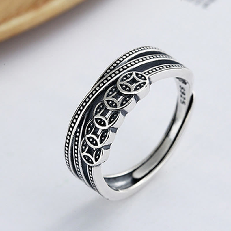 925 Sterling Silver Copper Coins Wealth Blessing Adjustable Ring