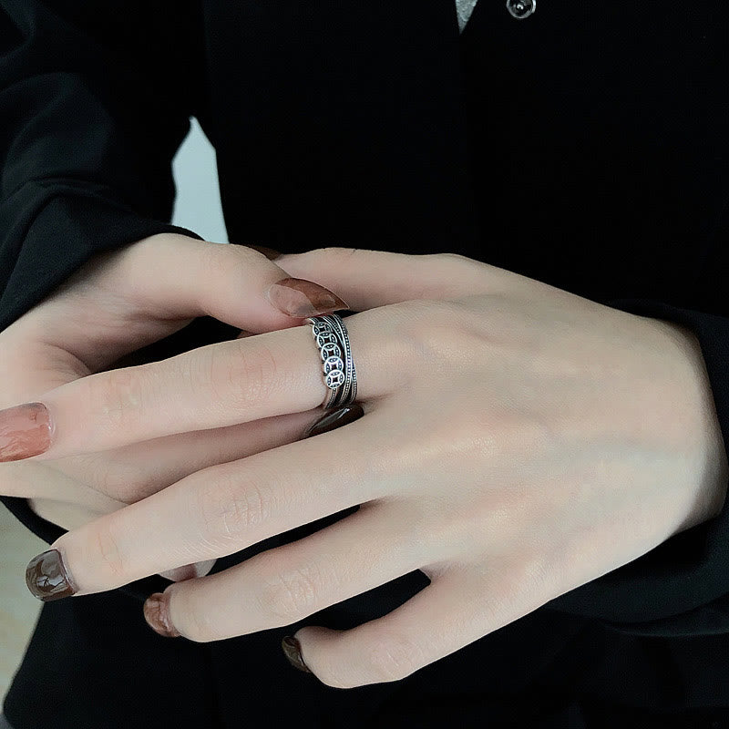 925 Sterling Silver Copper Coins Wealth Blessing Adjustable Ring