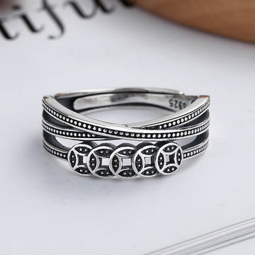 925 Sterling Silver Copper Coins Wealth Blessing Adjustable Ring