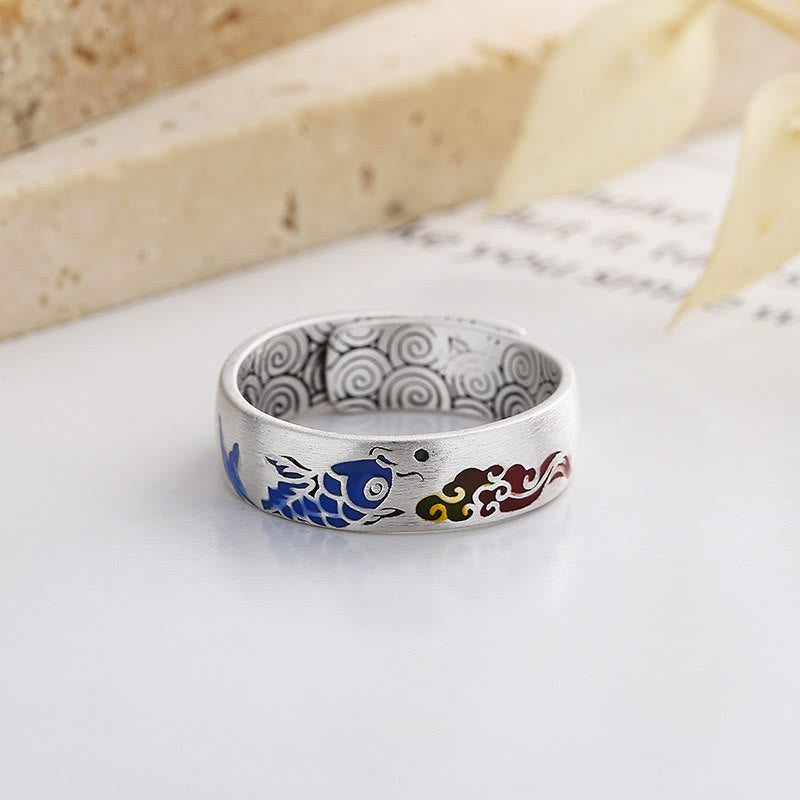 925 Sterling Silver Lucky Koi Fish Auspicious Clouds Wealth Ring
