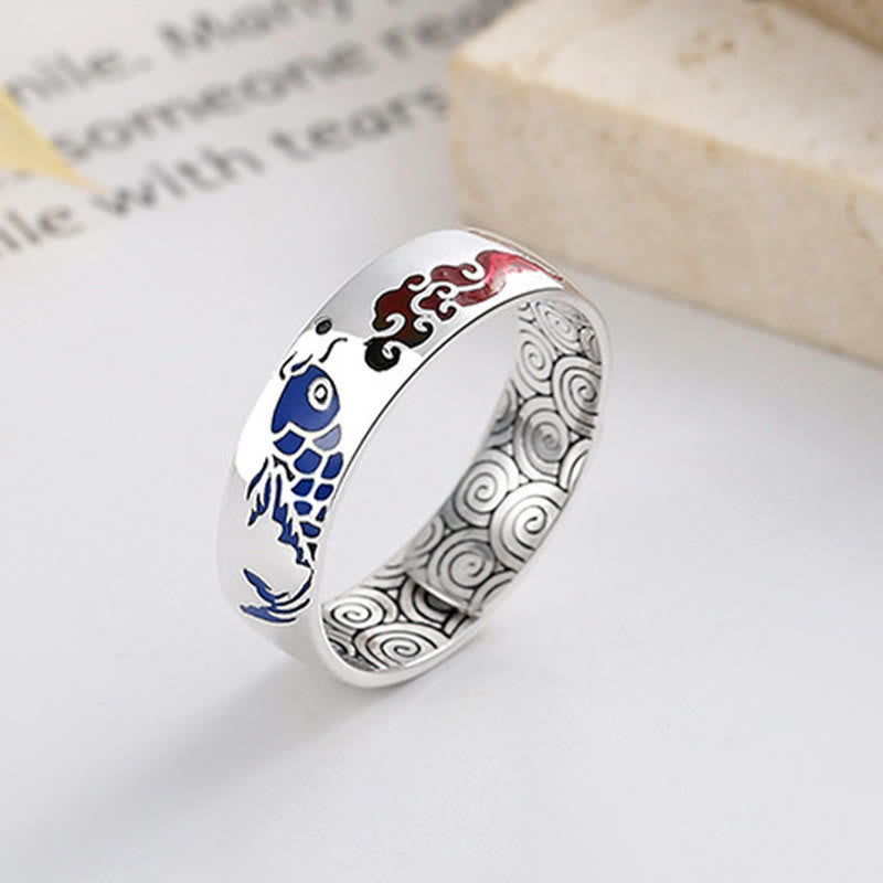 925 Sterling Silver Lucky Koi Fish Auspicious Clouds Wealth Ring