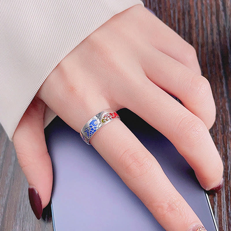925 Sterling Silver Lucky Koi Fish Auspicious Clouds Wealth Ring