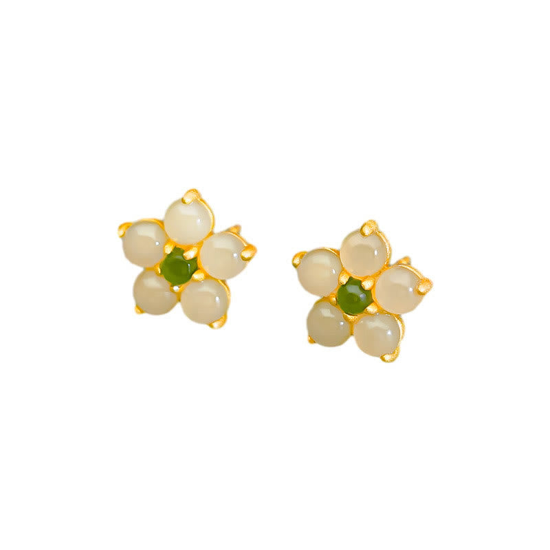 925 Sterling Silver Hetian Jade Luck Flower Stud Earrings