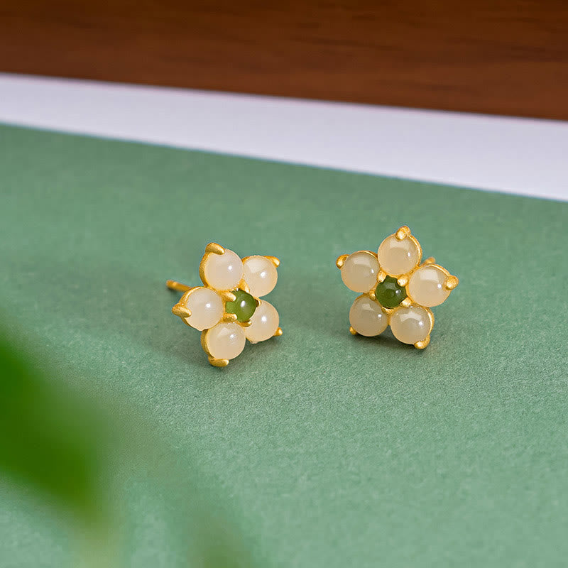 925 Sterling Silver Hetian Jade Luck Flower Stud Earrings