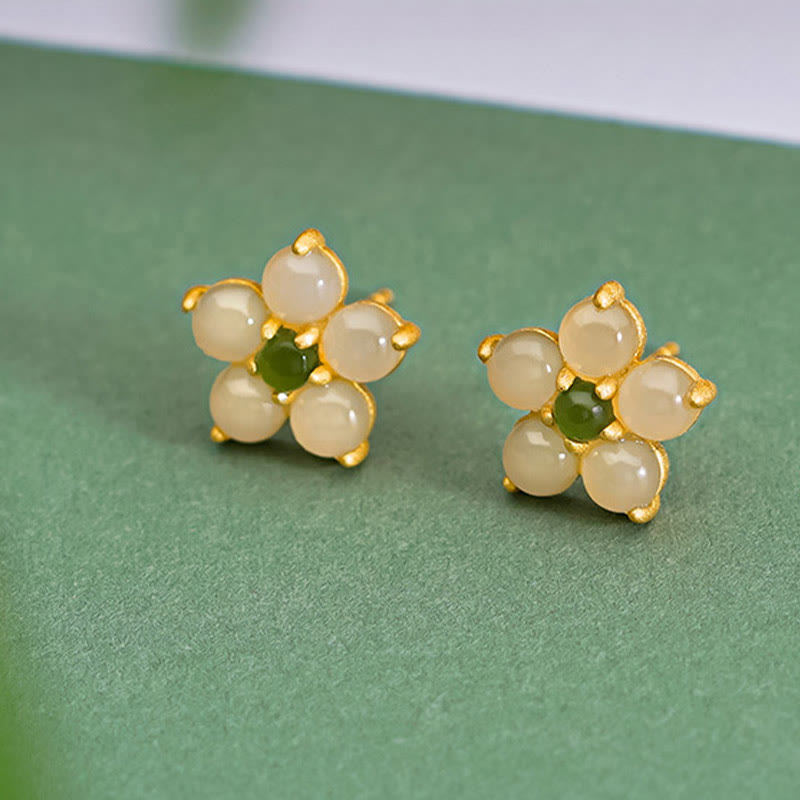925 Sterling Silver Hetian Jade Luck Flower Stud Earrings