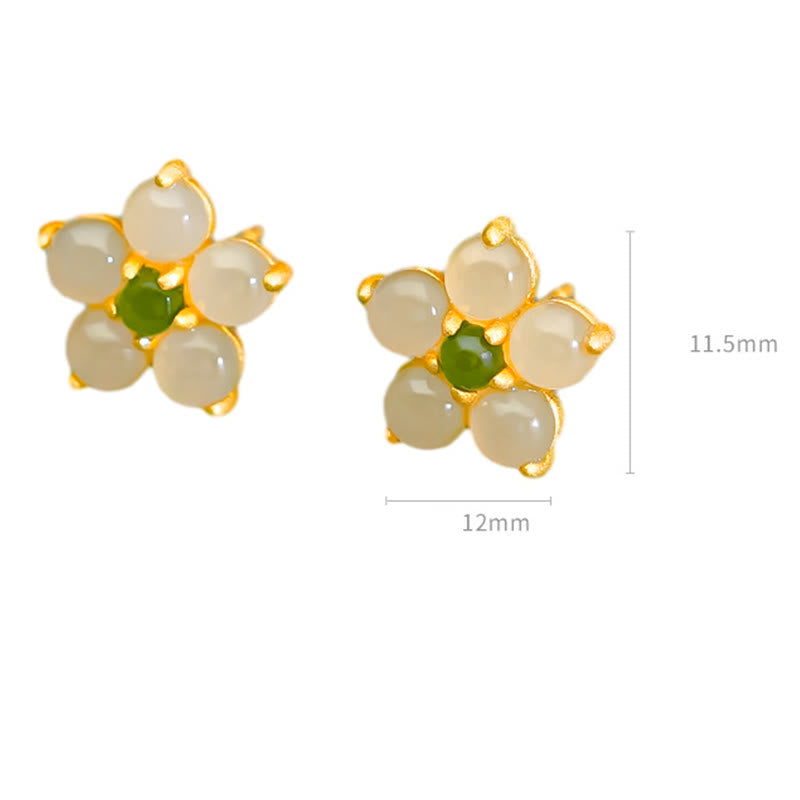 925 Sterling Silver Hetian Jade Luck Flower Stud Earrings