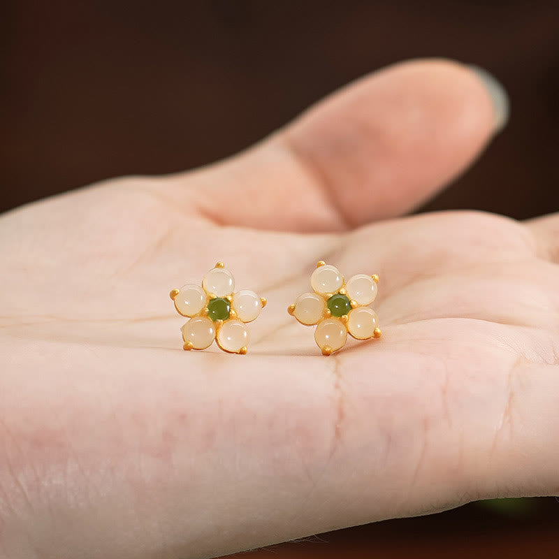 925 Sterling Silver Hetian Jade Luck Flower Stud Earrings
