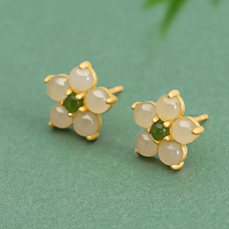 925 Sterling Silver Hetian Jade Luck Flower Stud Earrings