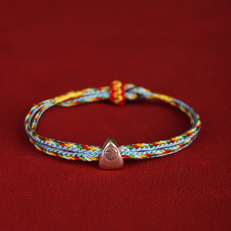 925 Sterling Silver Fu Character Luck Multicolored Rope Bracelet