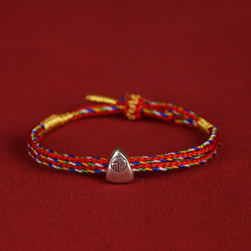 925 Sterling Silver Fu Character Luck Multicolored Rope Bracelet
