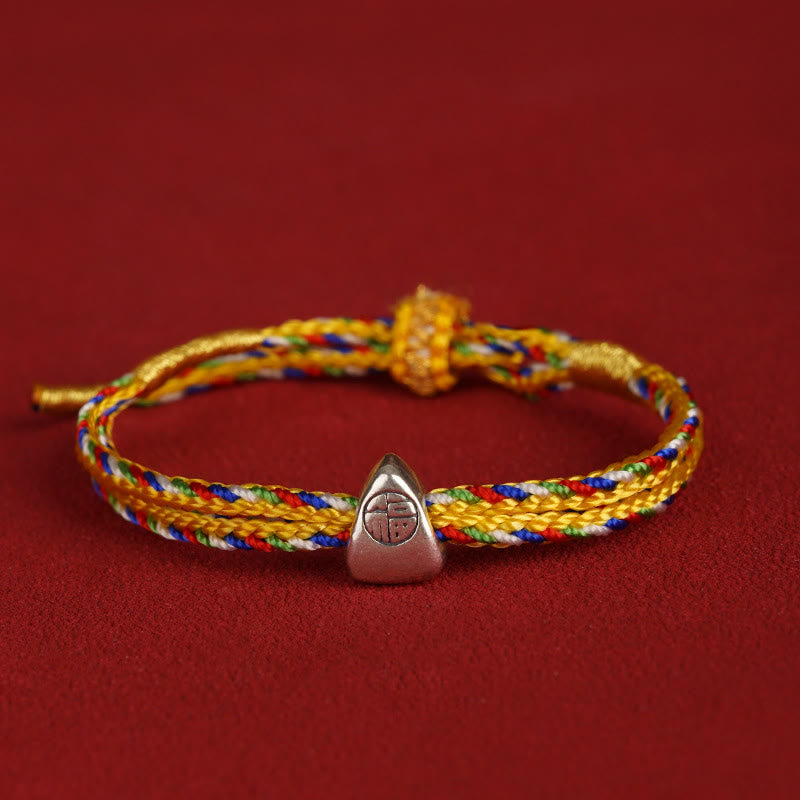 925 Sterling Silver Fu Character Luck Multicolored Rope Bracelet