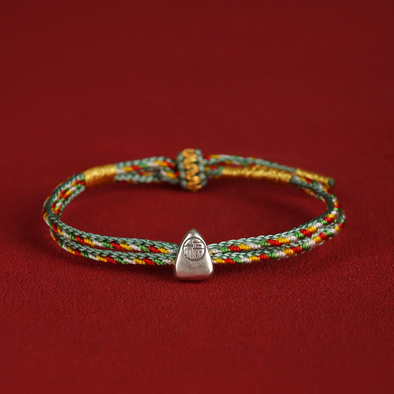 925 Sterling Silver Fu Character Luck Multicolored Rope Bracelet