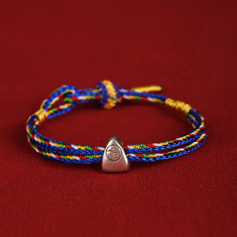 925 Sterling Silver Fu Character Luck Multicolored Rope Bracelet