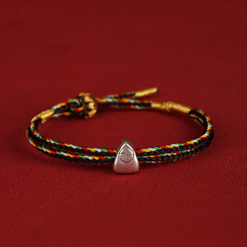 925 Sterling Silver Fu Character Luck Multicolored Rope Bracelet