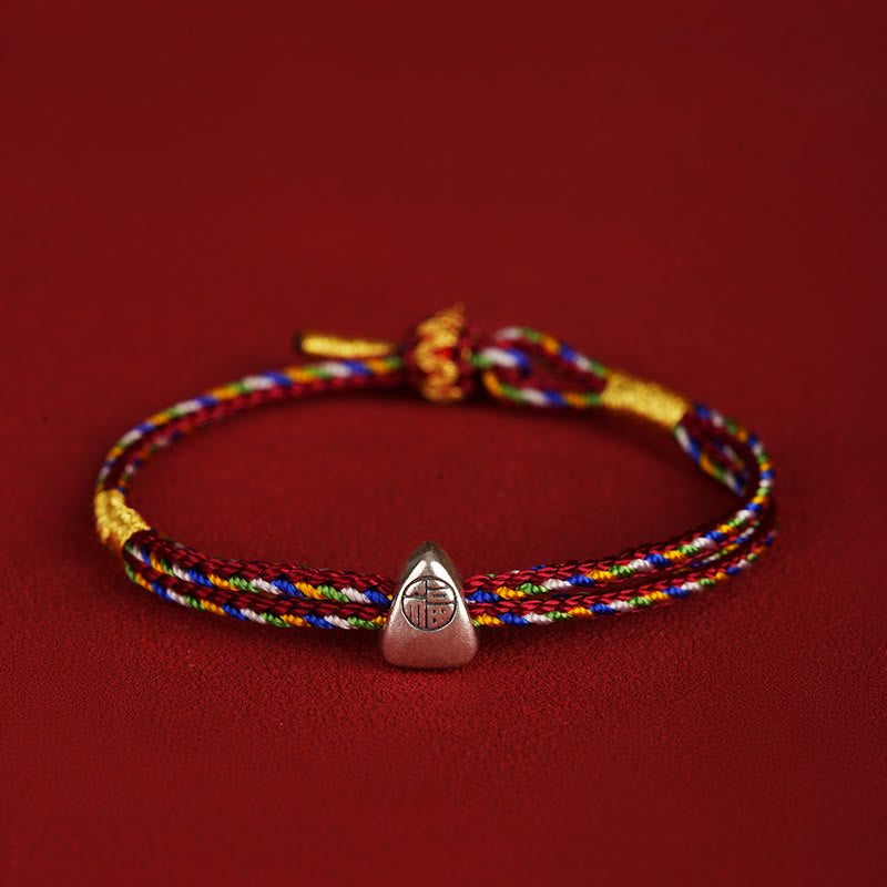 925 Sterling Silver Fu Character Luck Multicolored Rope Bracelet