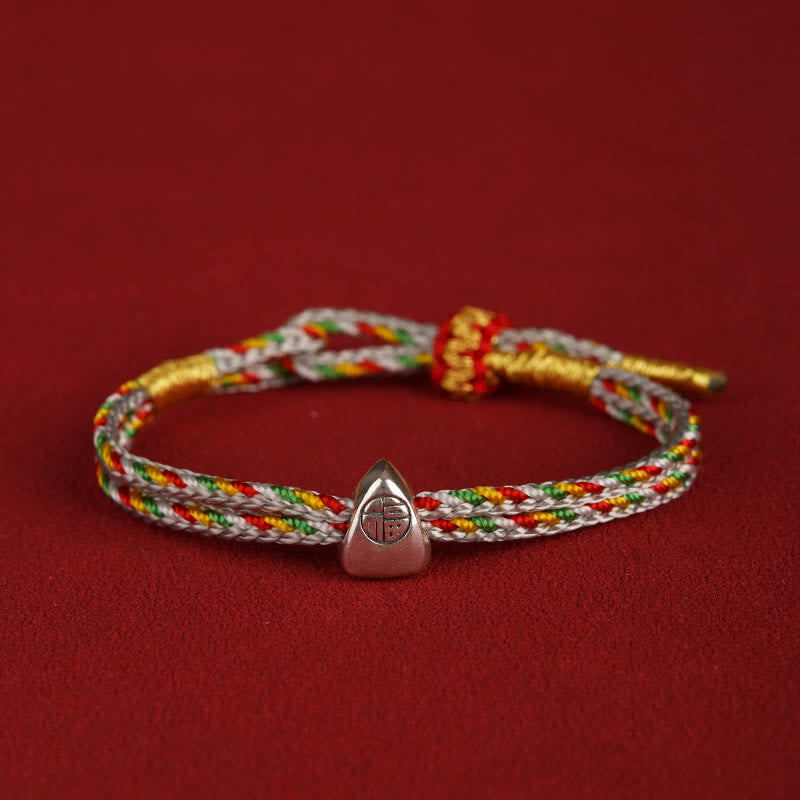925 Sterling Silver Fu Character Luck Multicolored Rope Bracelet
